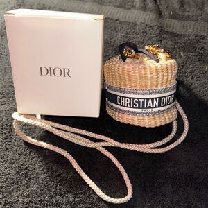 Dior Beige Woven Round Crossbody with Navy Logo Band and Pink Strap